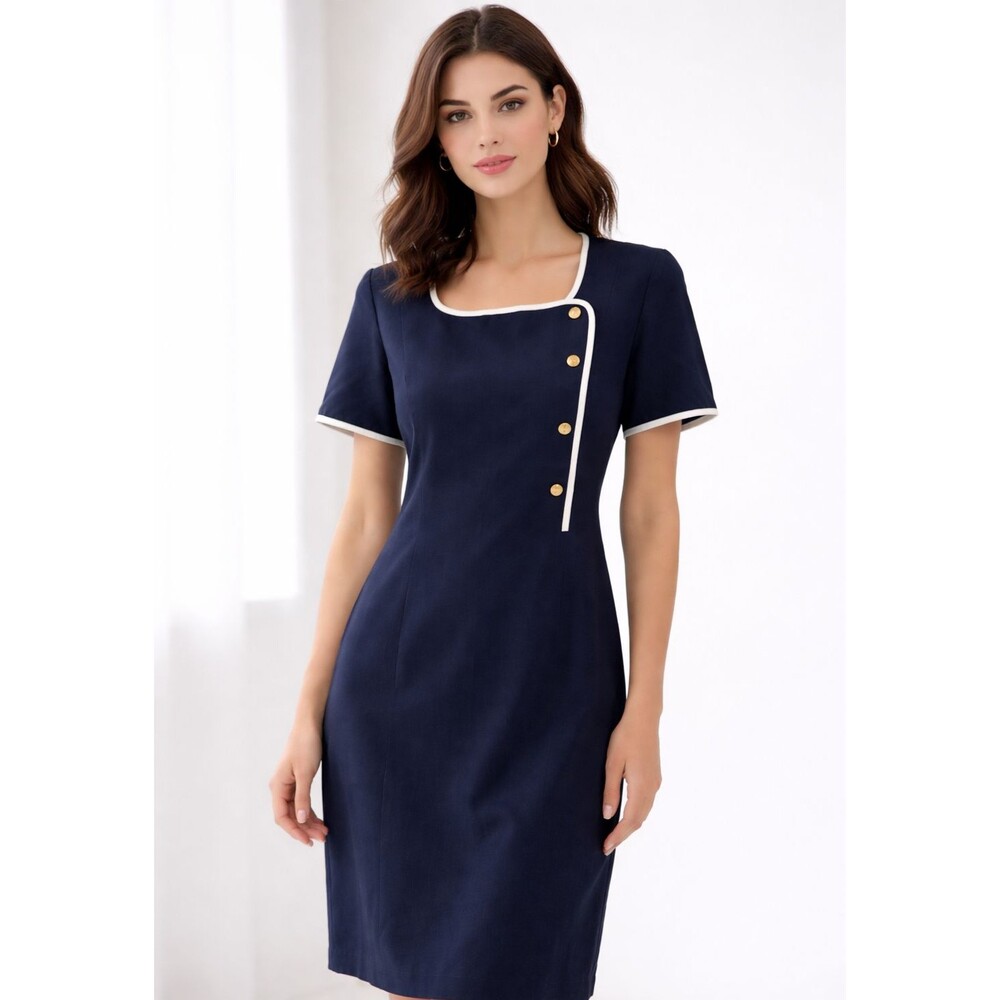 Vintage Navy Sheath Dress Petite 8 Union Made Gold Buttons White Trim Lined